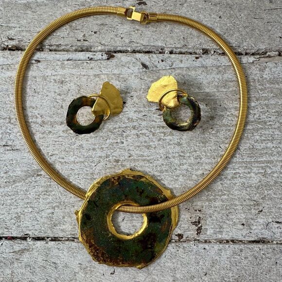 Vintage 70s Modernist Abstract Funky Necklace And Earrings Set - Picture 1 of 7